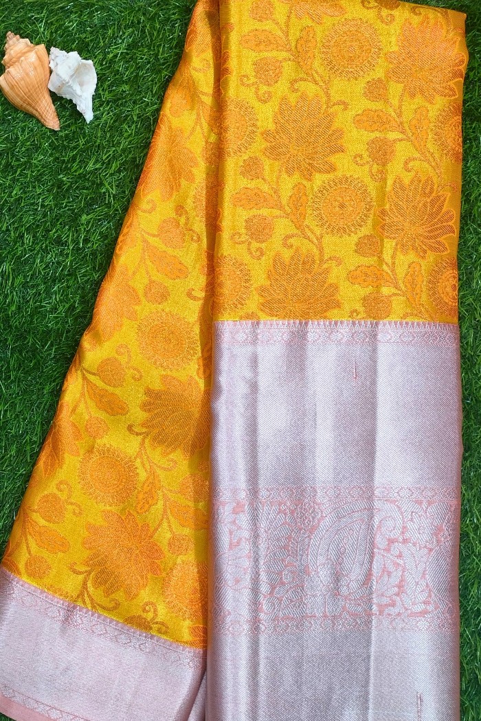 Kanjivaram Semi Tissue Silk Saree Golden Yellow
