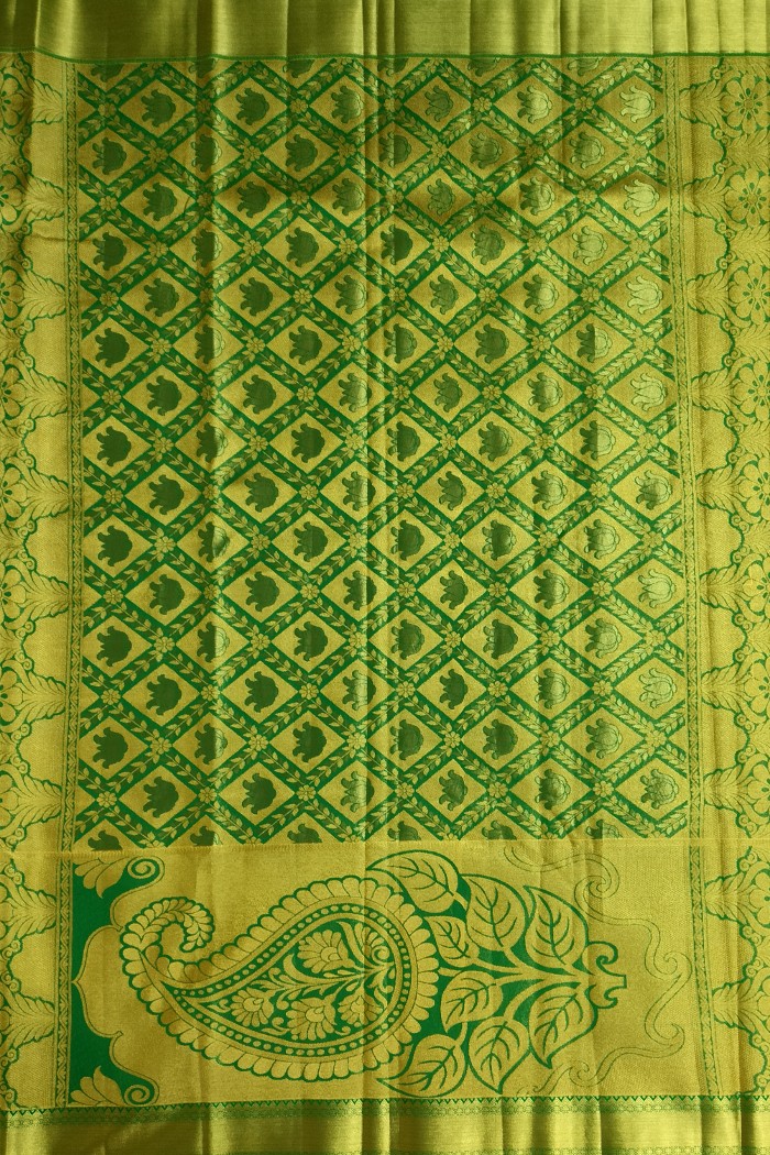 Kanjivaram Bridal Semi Silk Saree-Golden Yellow & Green - 4