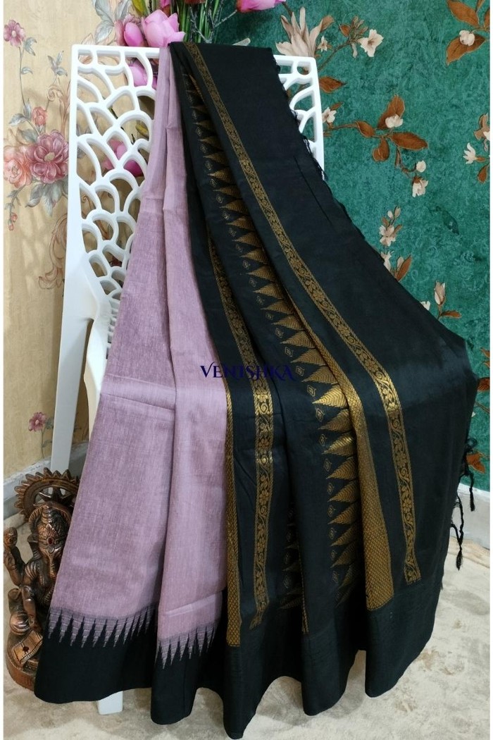 Kalyani Cotton Saree - Pale Purple And Black