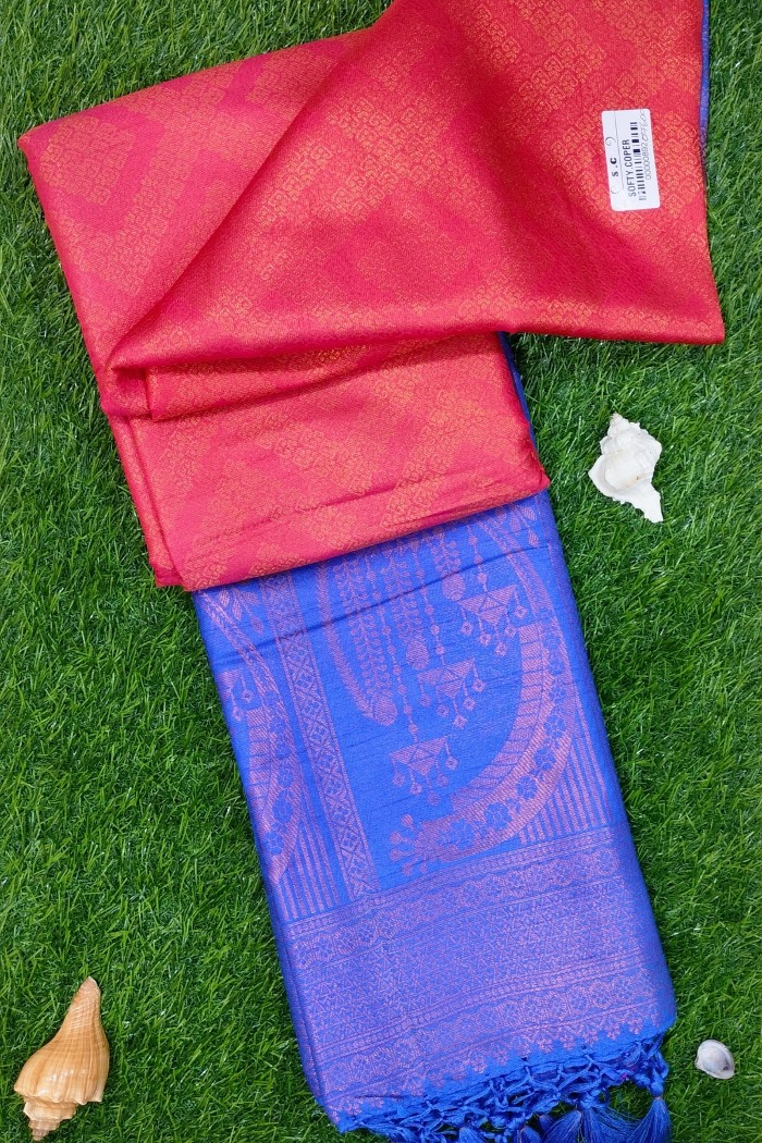 Mysore Silk Saree Dark Red With Blue Shades - 3