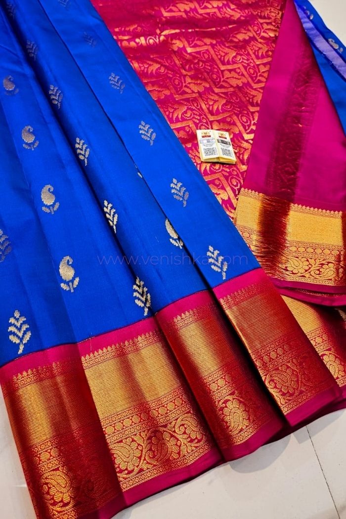 Royal Blue Kanjivaram Silk Saree with Magenta Pallu Korvai Border