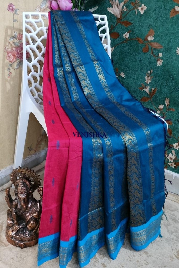 Kalyani Cotton Saree - Fiery Rose With Dark Blue