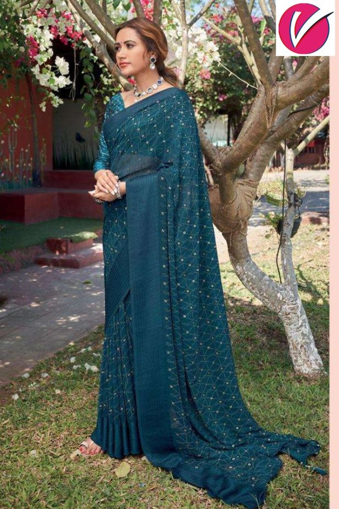 Pure Georgette with Jacquard Border Blue