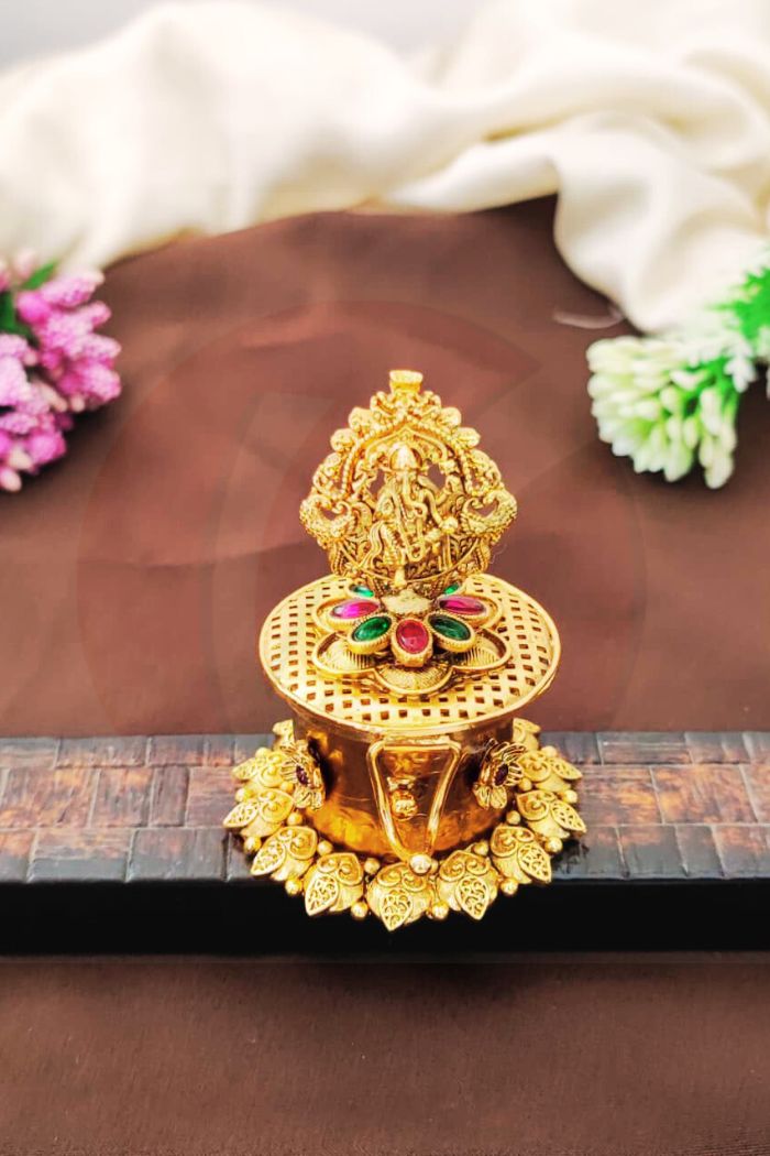 Lotus Grid Lakshmi Kumkum Box Brass Sindoor Chimil