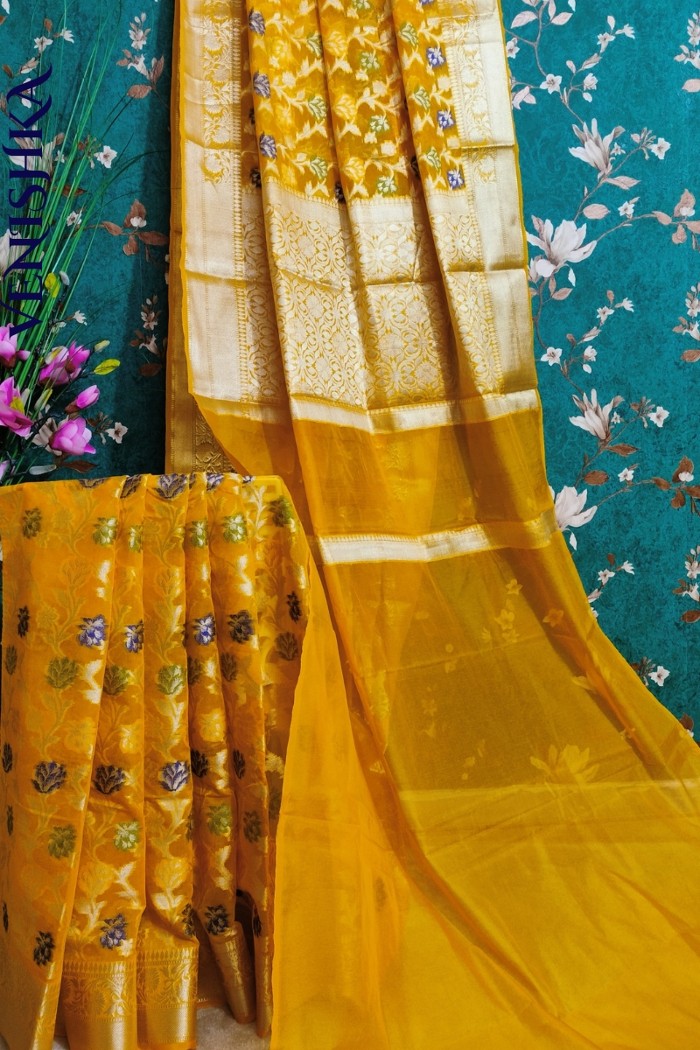 Handloom Semi Georgette Fancy Saree Yellow