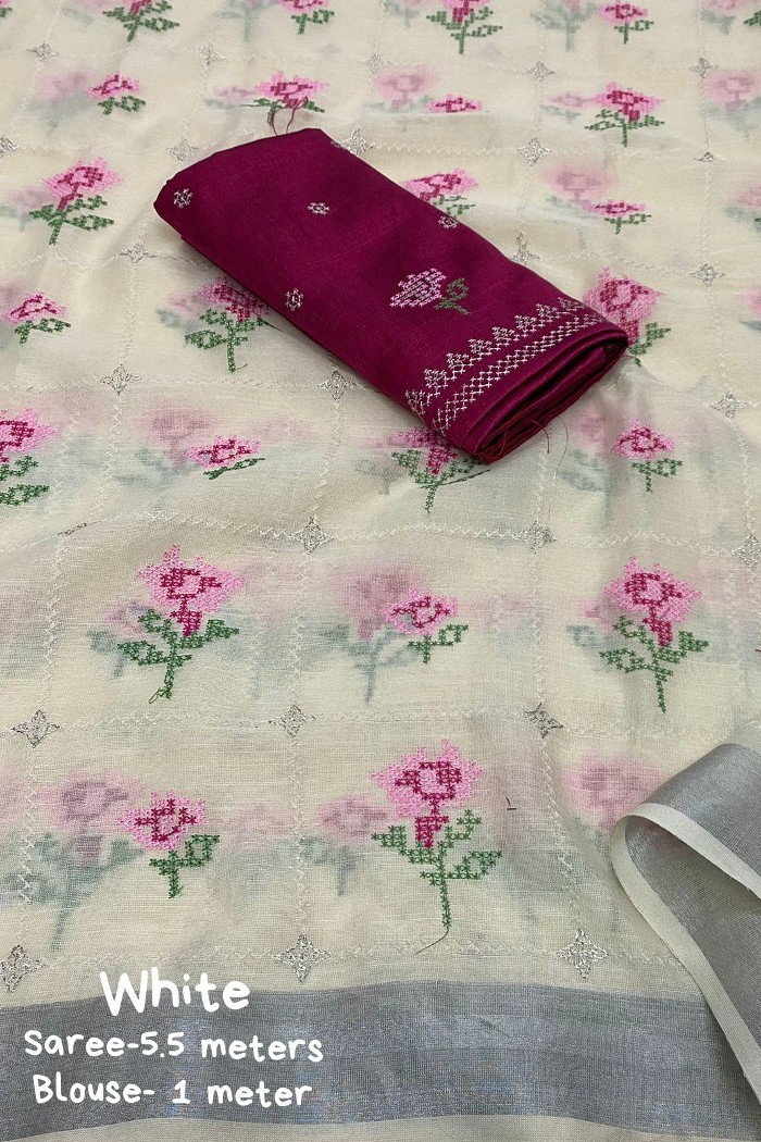 Linen Saree with All Over Embroidery Creamy White - 4