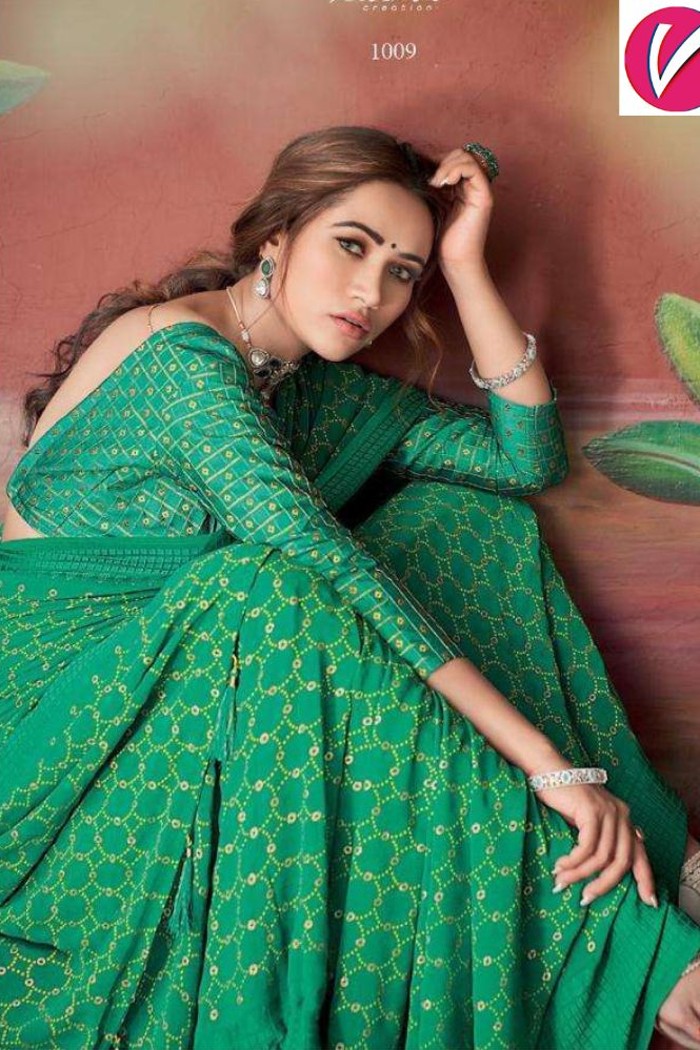 Pure Georgette with Jacquard Border Green