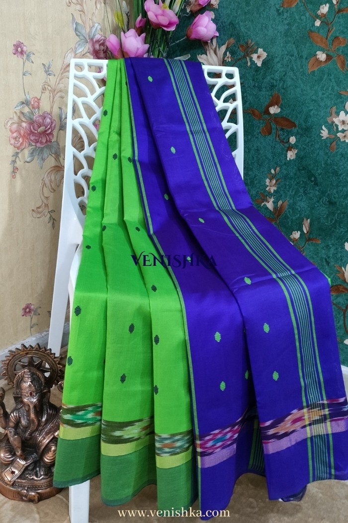 Uppada Silk With Pochampally Border- Green With Blue