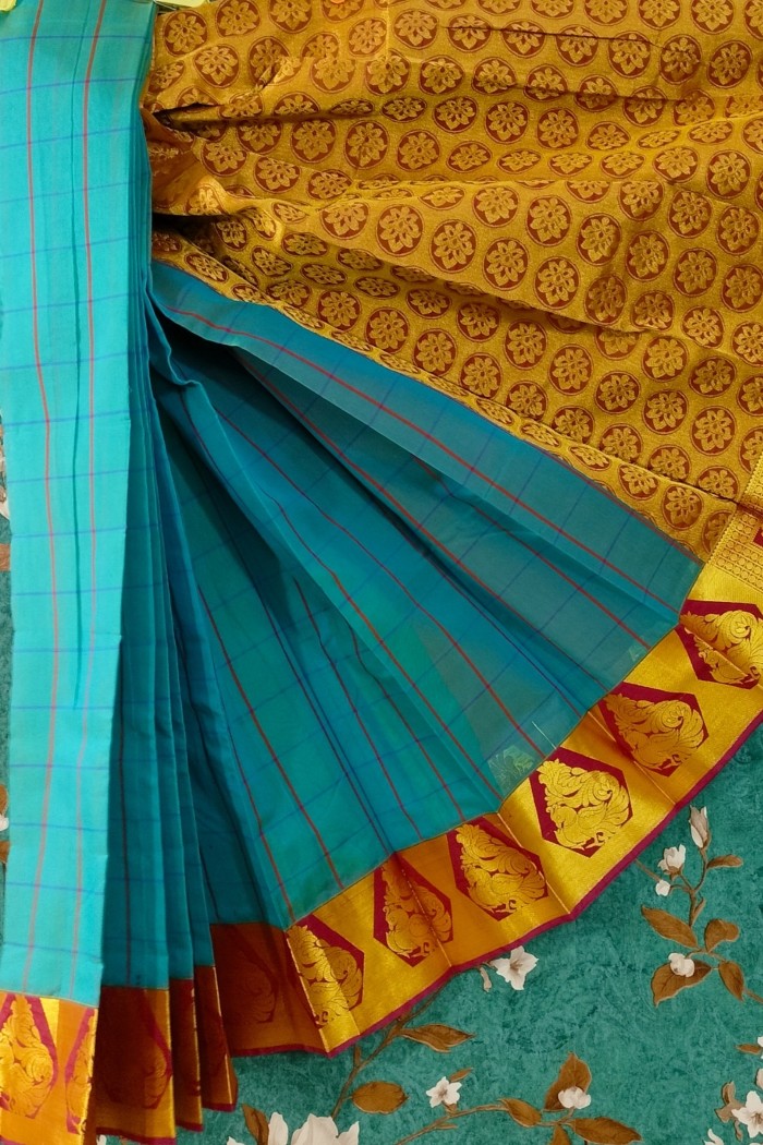 Silk Cotton Self Line Checked Sky Blue - 4