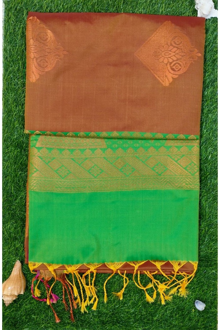 Fancy Soft Silk Saree Brown With Green