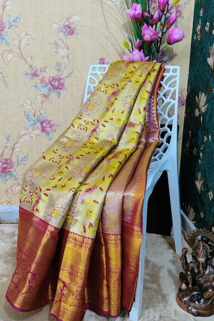 Kanjivaram Bridal Semi Silk Saree-Yellow & Pink - 3