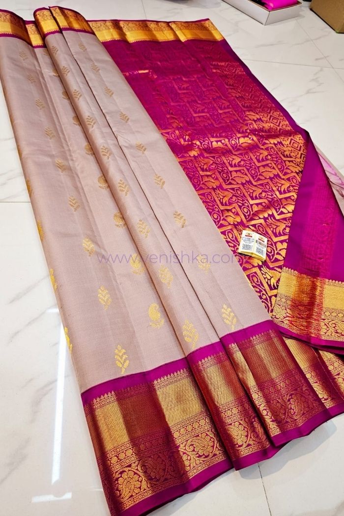 Elegant Beige & Magenta Kanjivaram Silk Saree with Golden Zari