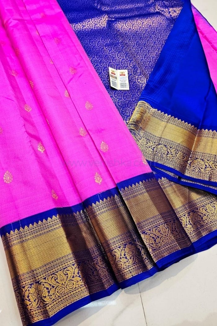 Vibrant Pink & Royal Blue Kanjivaram Silk Saree with Gold Zari