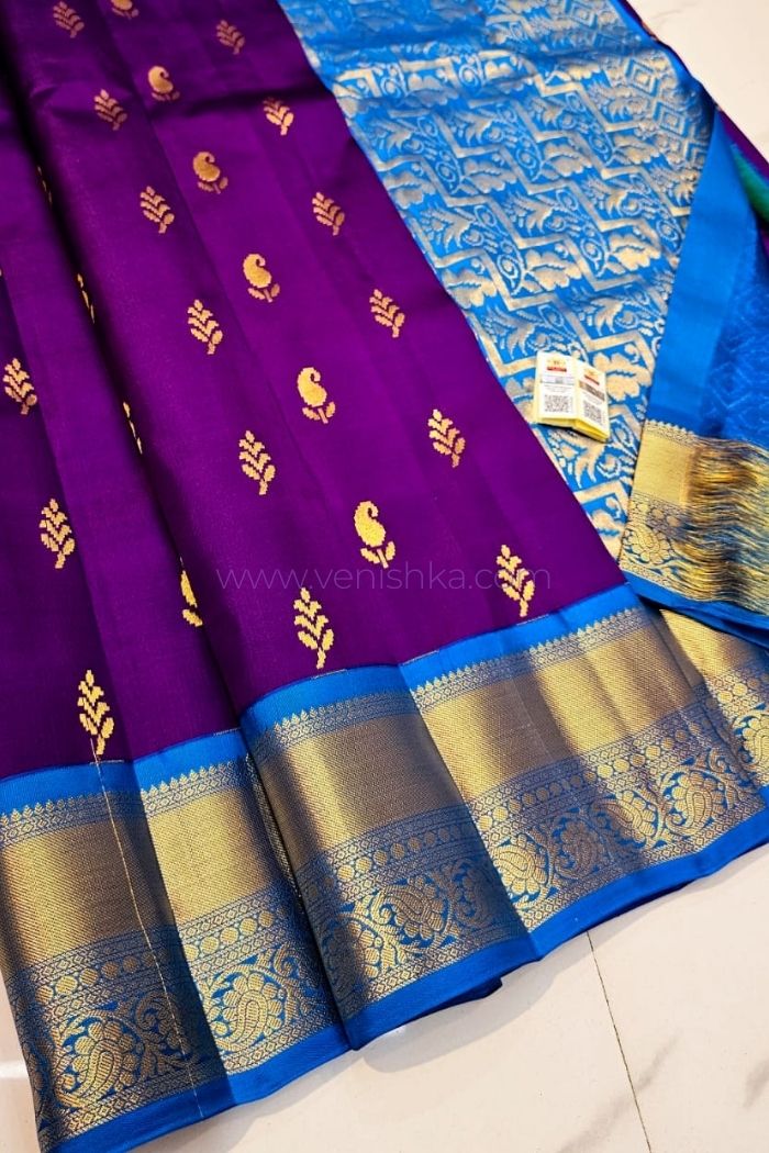 Regal Purple & Blue Kanchipuram Silk Saree Golden Zari Elegance