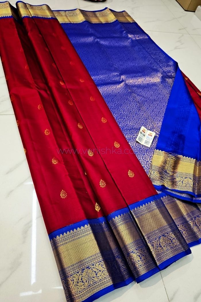 Rich Red Kanjivaram Silk Saree with Royal Blue Pallu Korvai Border