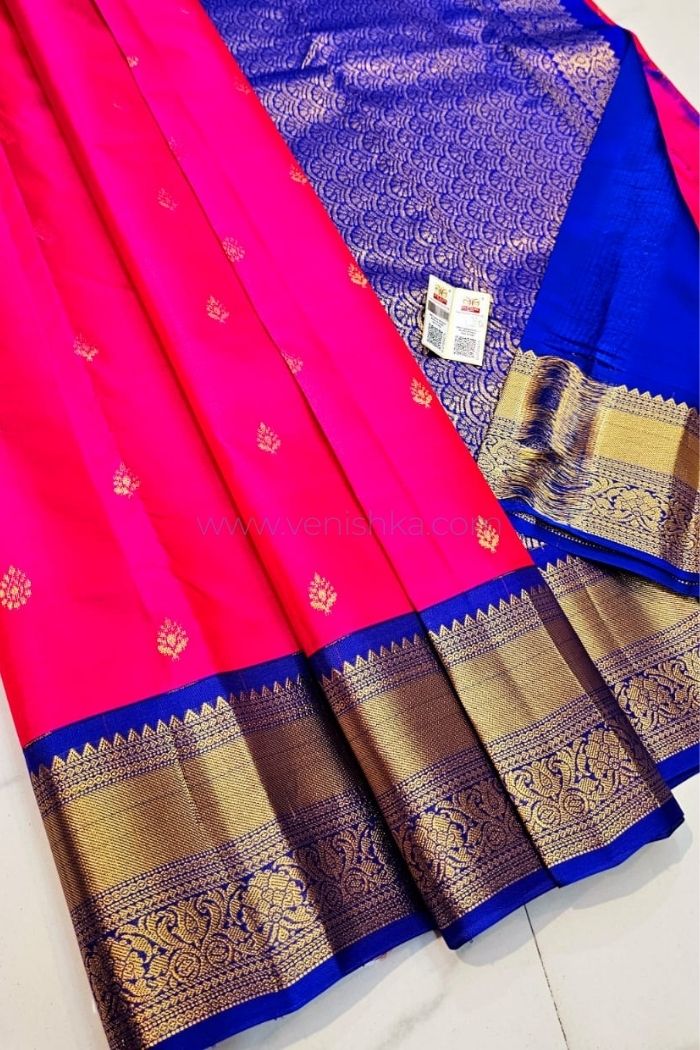 Radiant Pink & Cobalt Blue Kanjivaram Silk Saree with Golden Zari