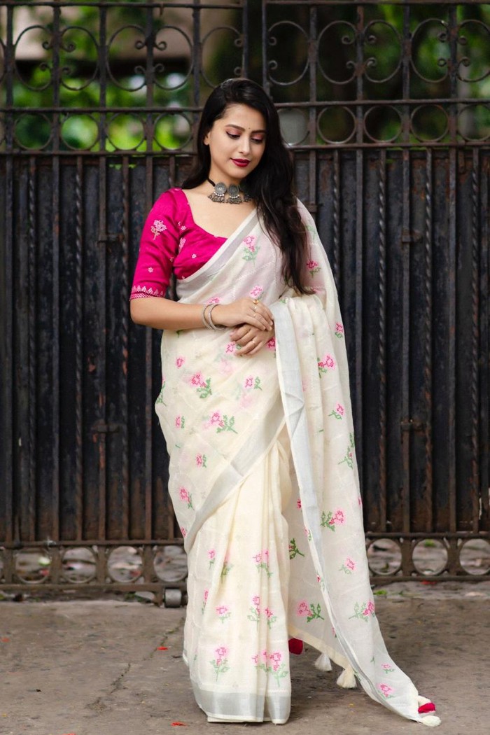 Linen Saree with All Over Embroidery Creamy White - 3