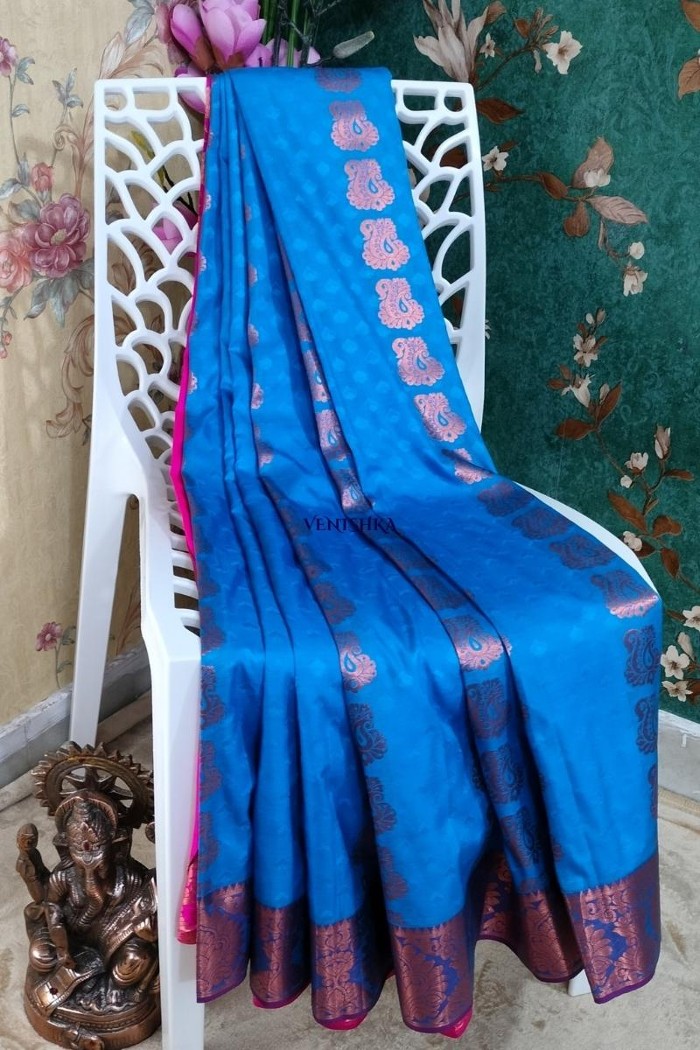 Kanjivaram Blended Silk Saree-Blue - 3