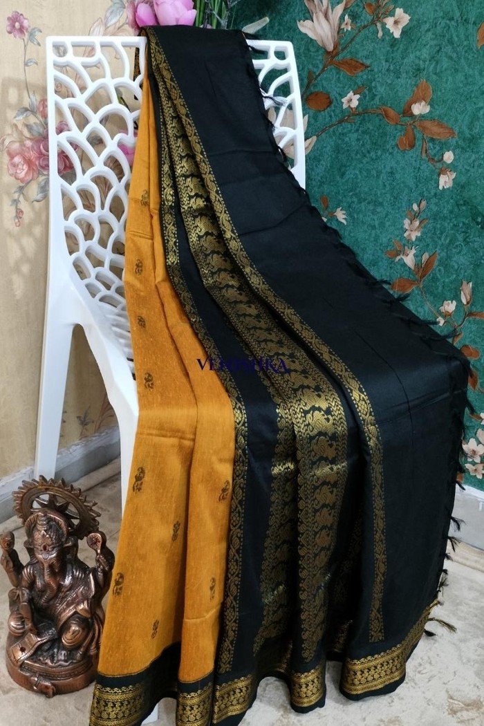 Kalyani Cotton Saree -   Golden Yellow With Black