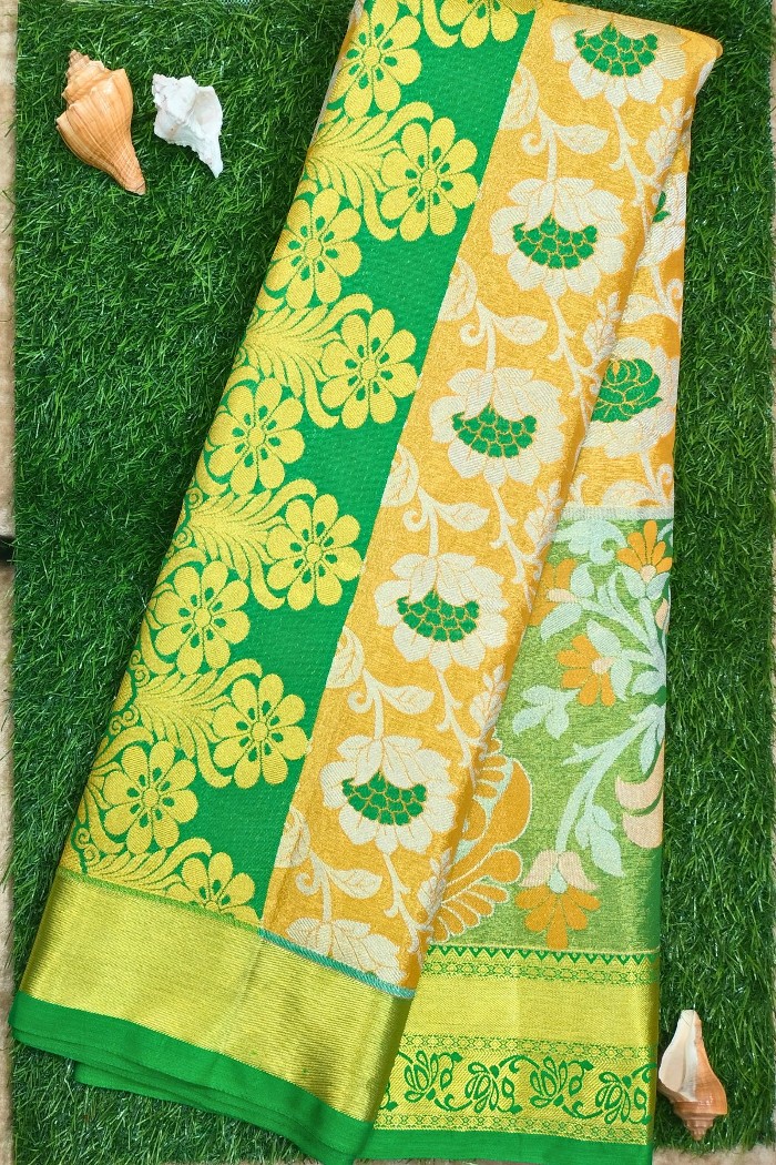 Kanjivaram Bridal Semi Silk Saree-Golden Yellow & Green