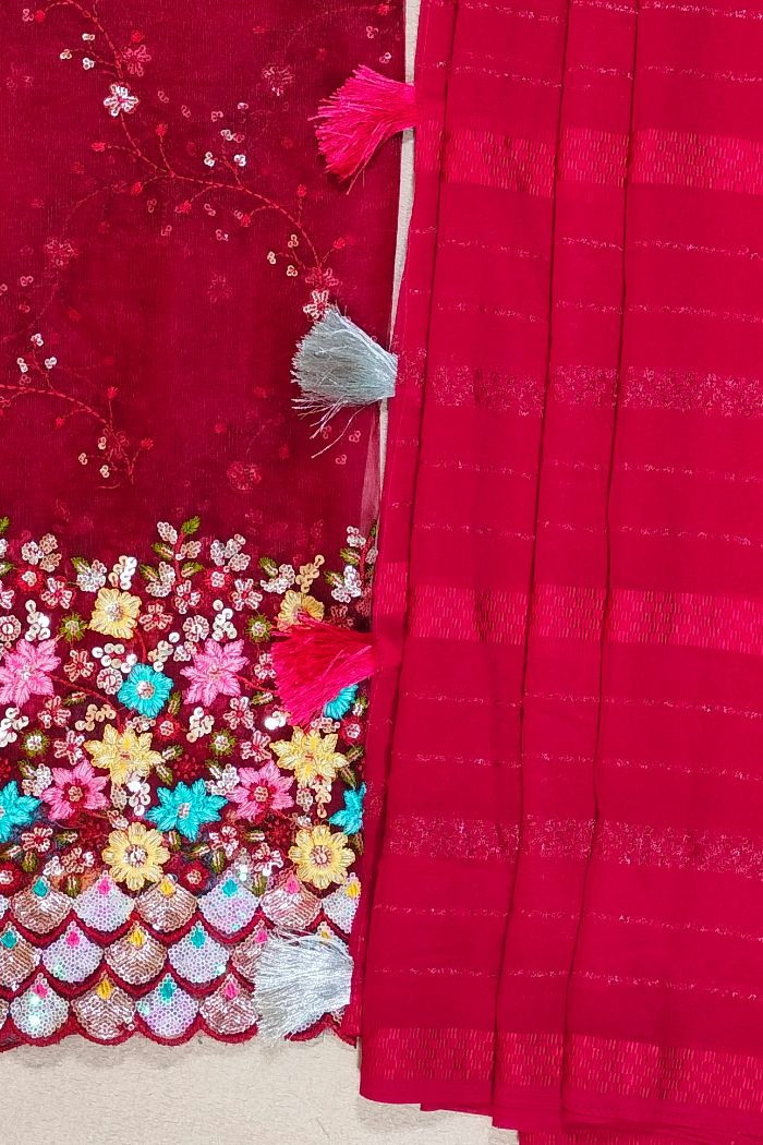 Dola Semi Silk Red Saree Embroidered Border