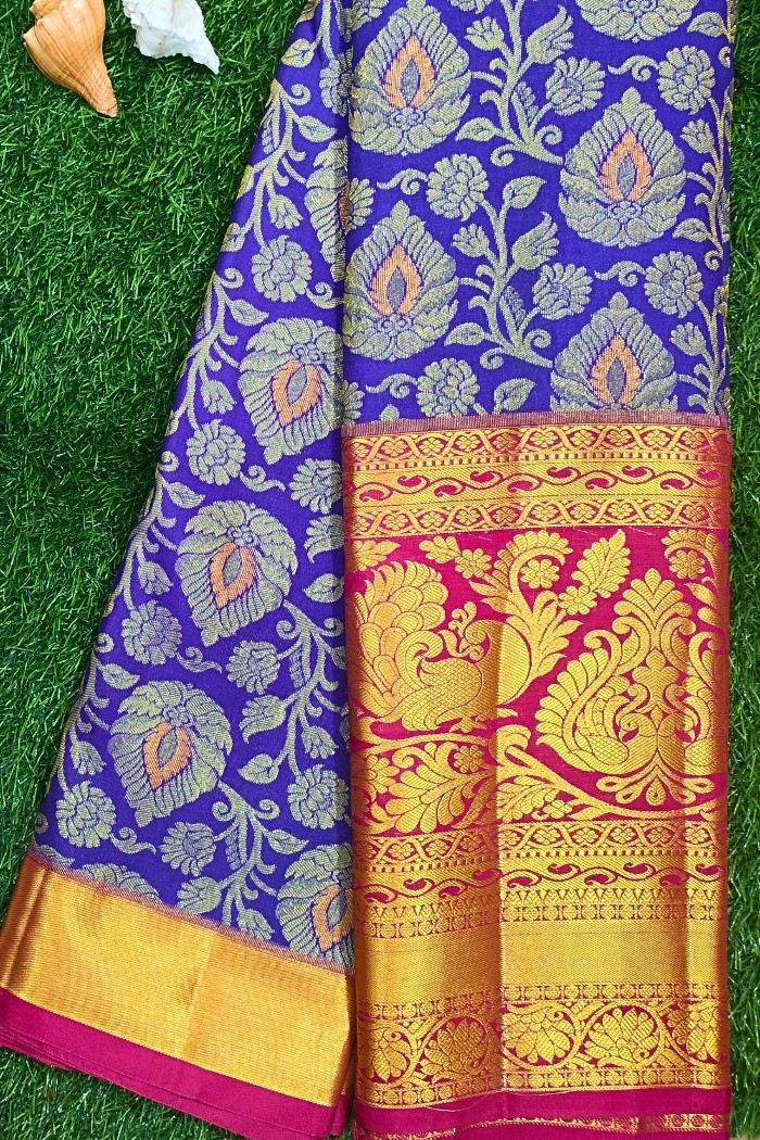 Kanjivaram Bridal Semi Silk Saree-Indigo Blue & Dark Pink