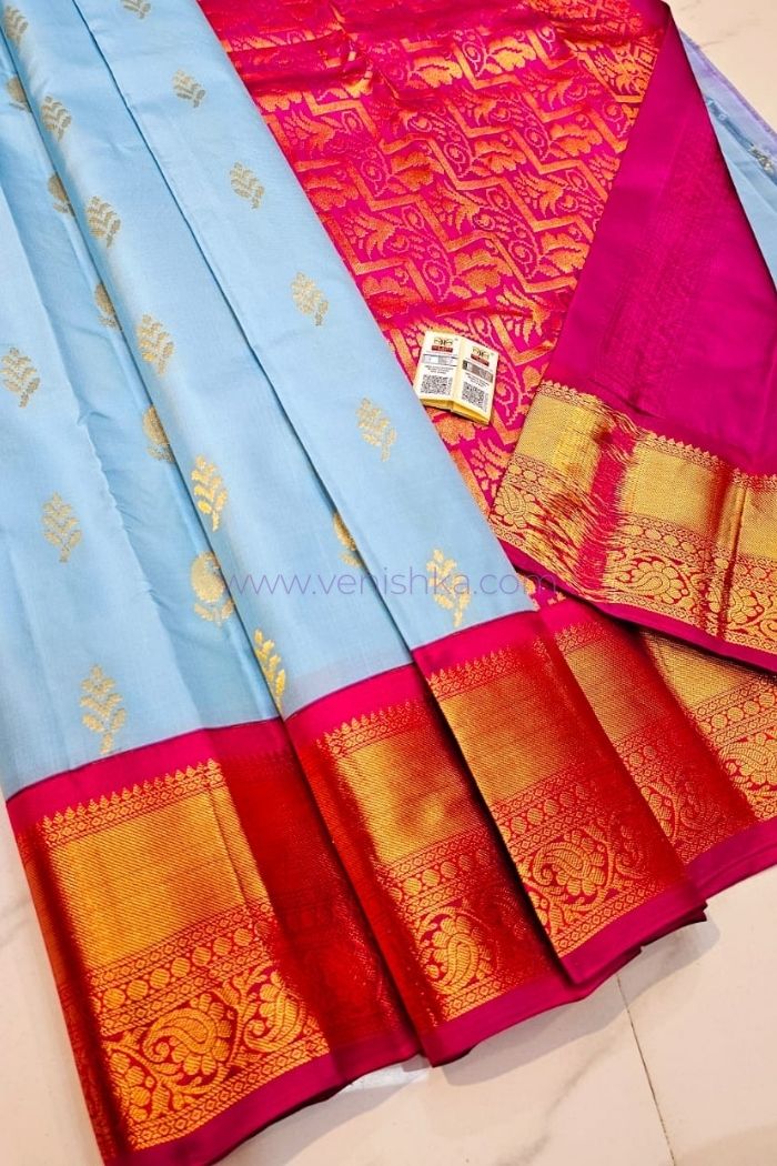 Sky Blue Kanjivaram Silk Saree with Magenta Pallu and Korvai Border