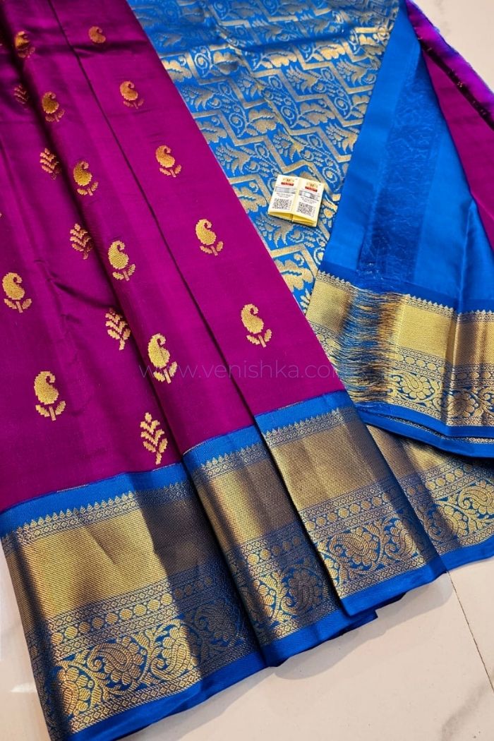 Purple Kanjivaram Silk Saree with Blue Pallu and Korvai Border