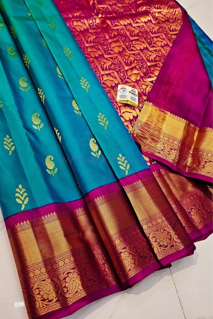 Teal Blue Kanjivaram Silk Saree with Magenta Pallu and Korvai Border