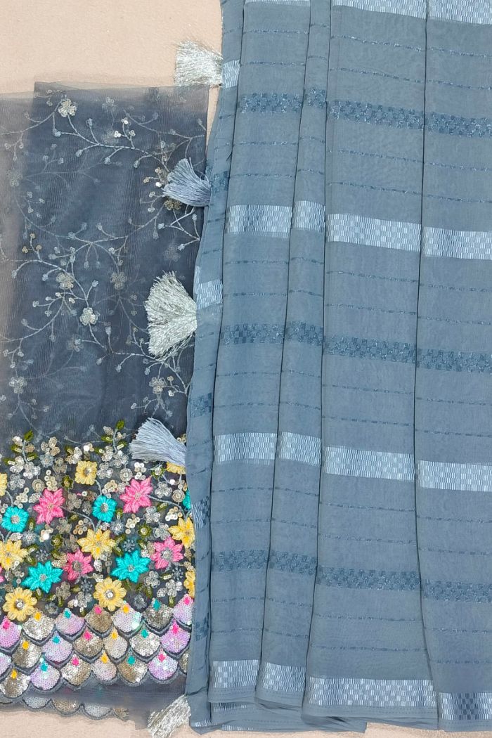 Dola Semi Silk Gray Saree Embroidered Border