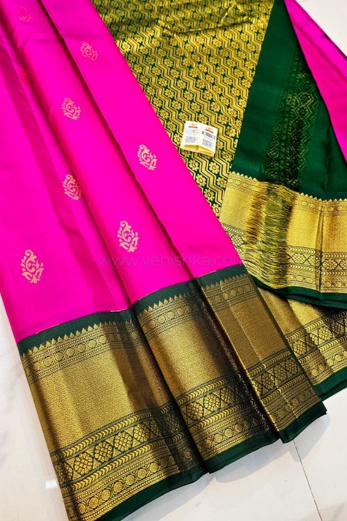 Vibrant Pink Kanjivaram Silk Saree with Green Pallu and Korvai Border