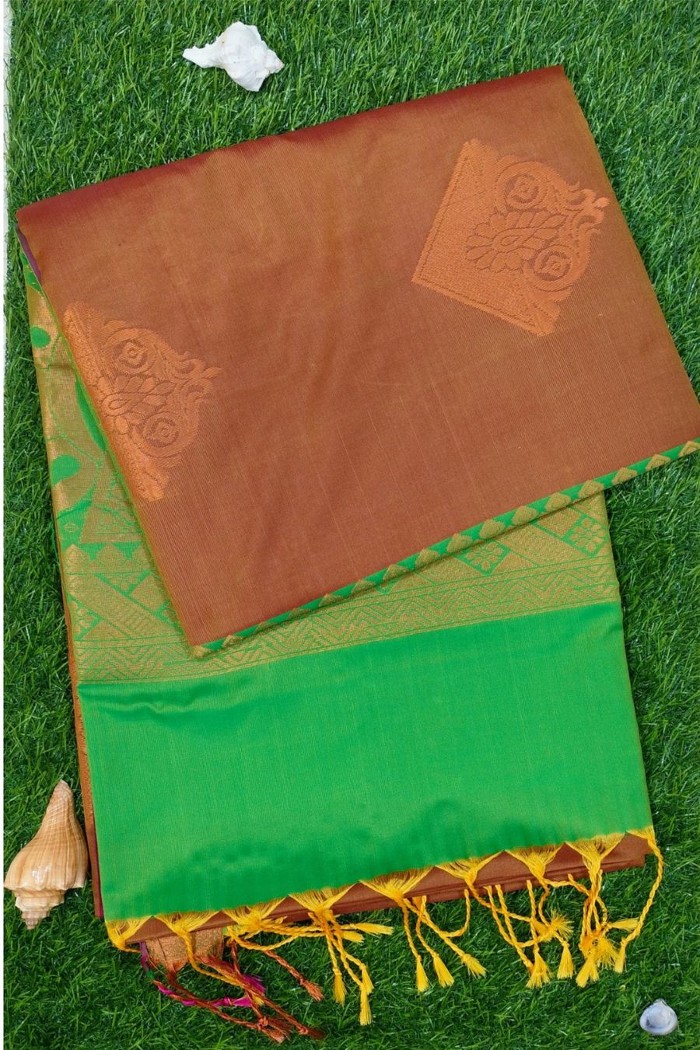 Fancy Soft Silk Saree Brown With Green