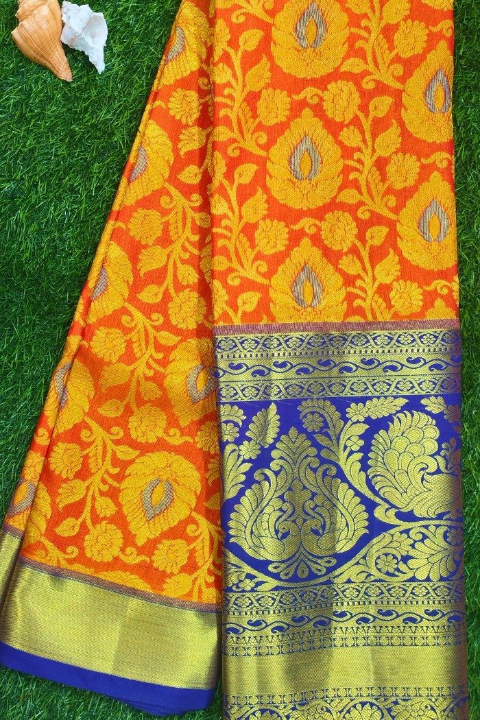 Kanjivaram Bridal Semi Silk Saree-Orange & Blue