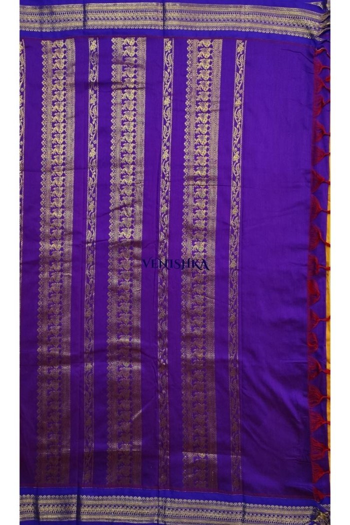 kalyani cotton saree-golden yellow with purple - 3