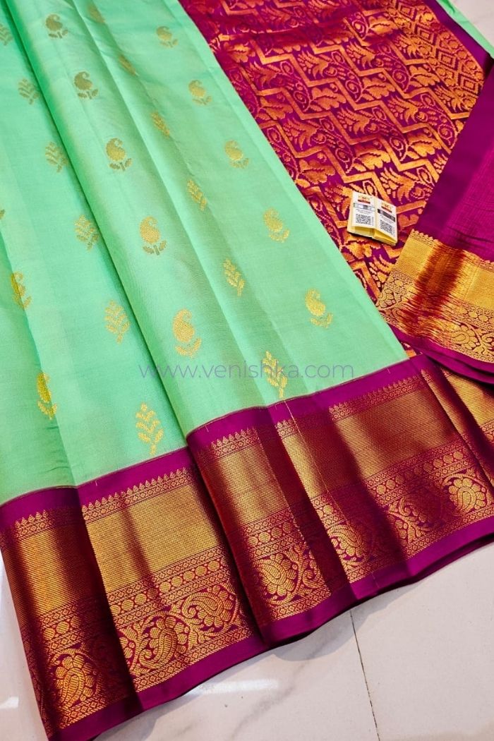 Graceful Mint Green & Maroon Kanjivaram Silk Saree with Golden Zari