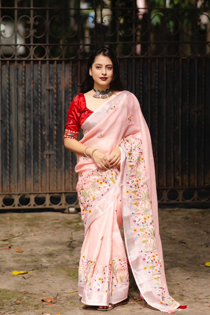 Linen Saree with All Over Embroidery Quiet Pink - 4