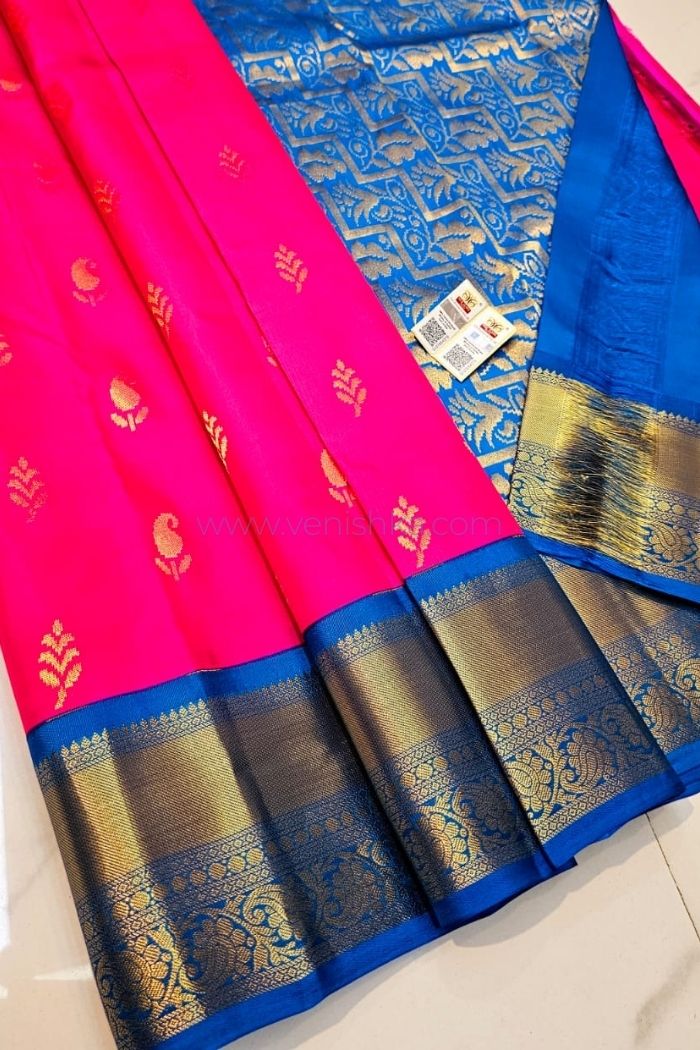 Pink Kanjivaram Silk Saree with Blue Pallu and Korvai Border