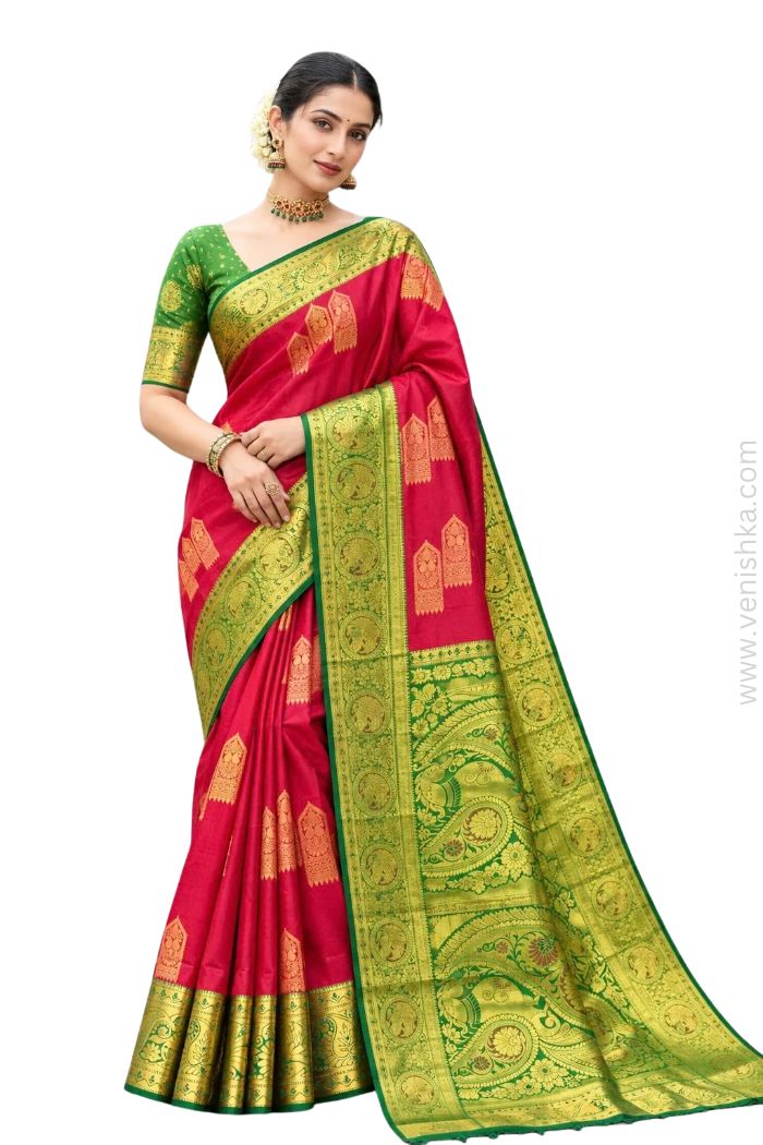 Beautiful Handwoven Red and Green Silk Saree with Gold Zari