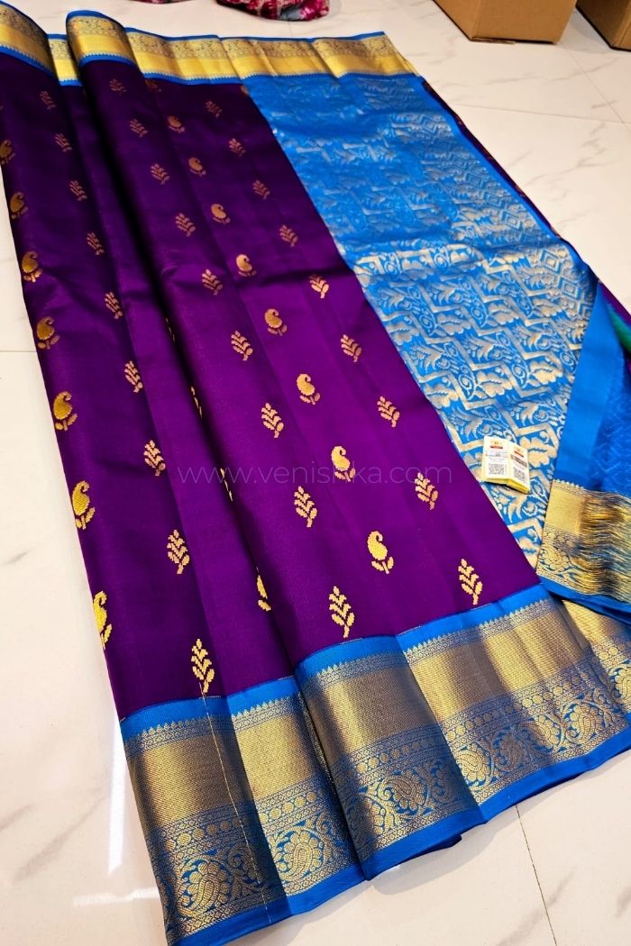 Regal Purple & Blue Kanchipuram Silk Saree Golden Zari Elegance