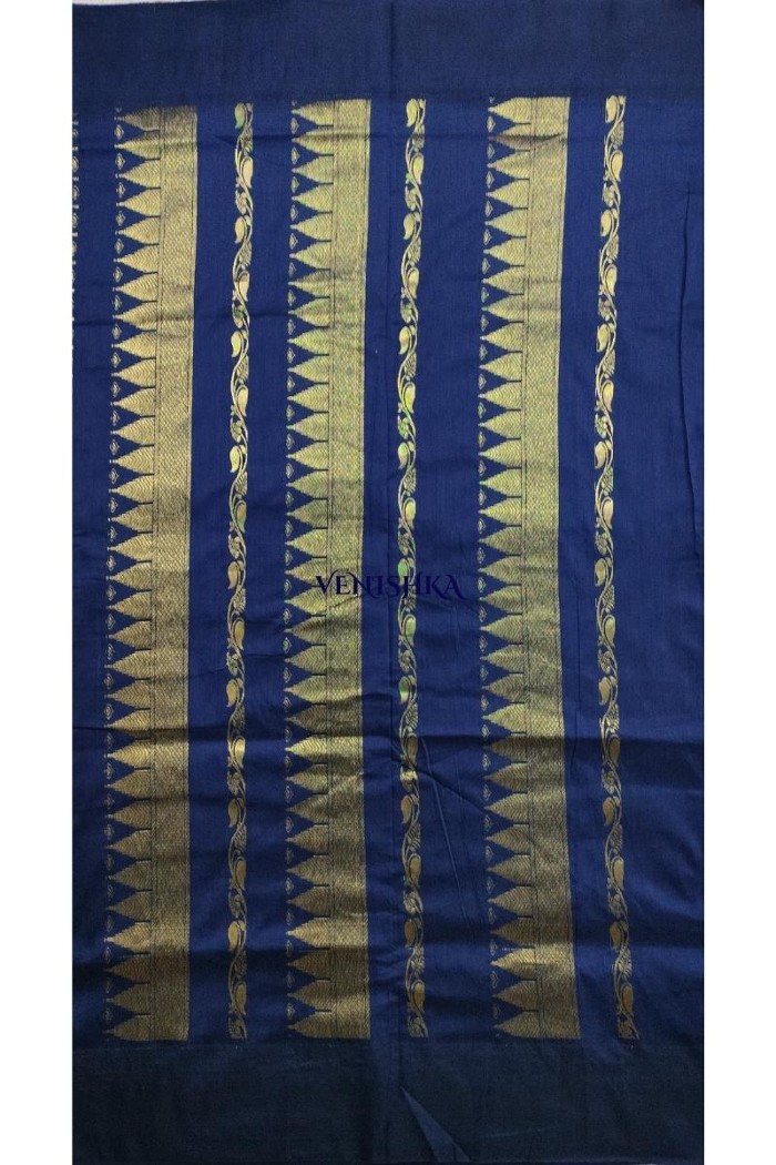 Kalyani Cotton Saree -Olive Green And Dark Blue (Cool Black) - 3