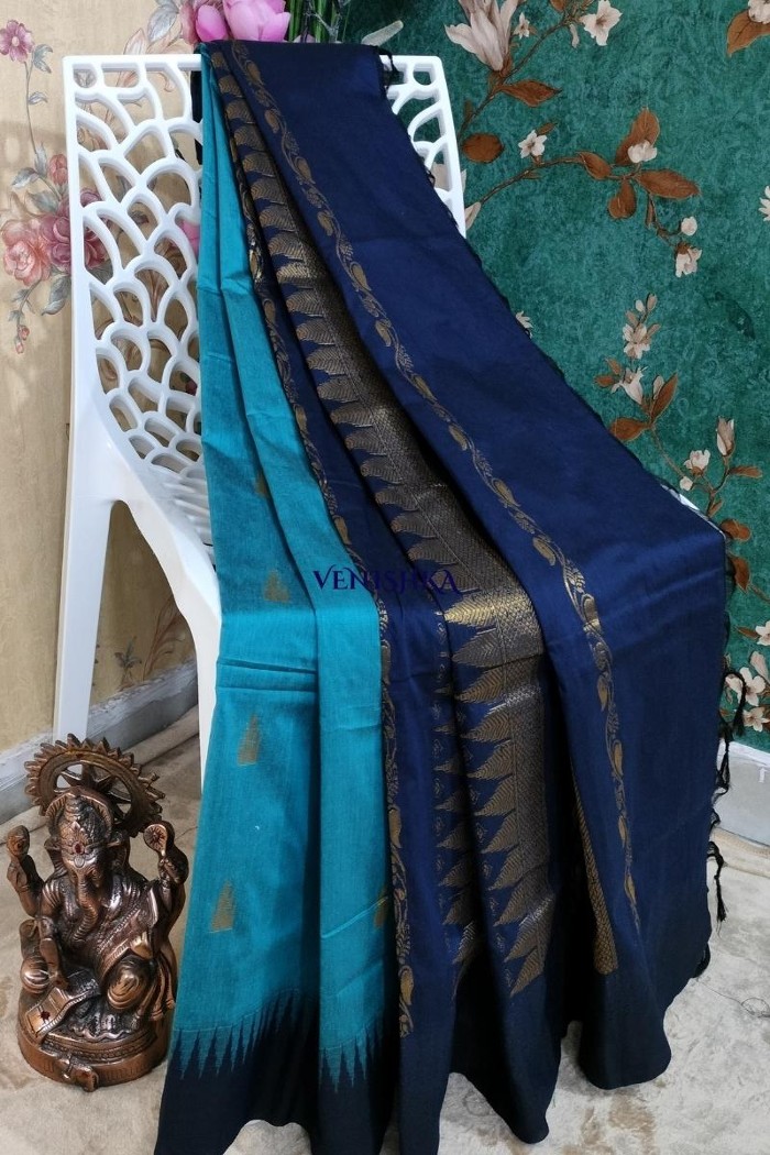 Kalyani Cotton Saree - Light Blue With Cool Black