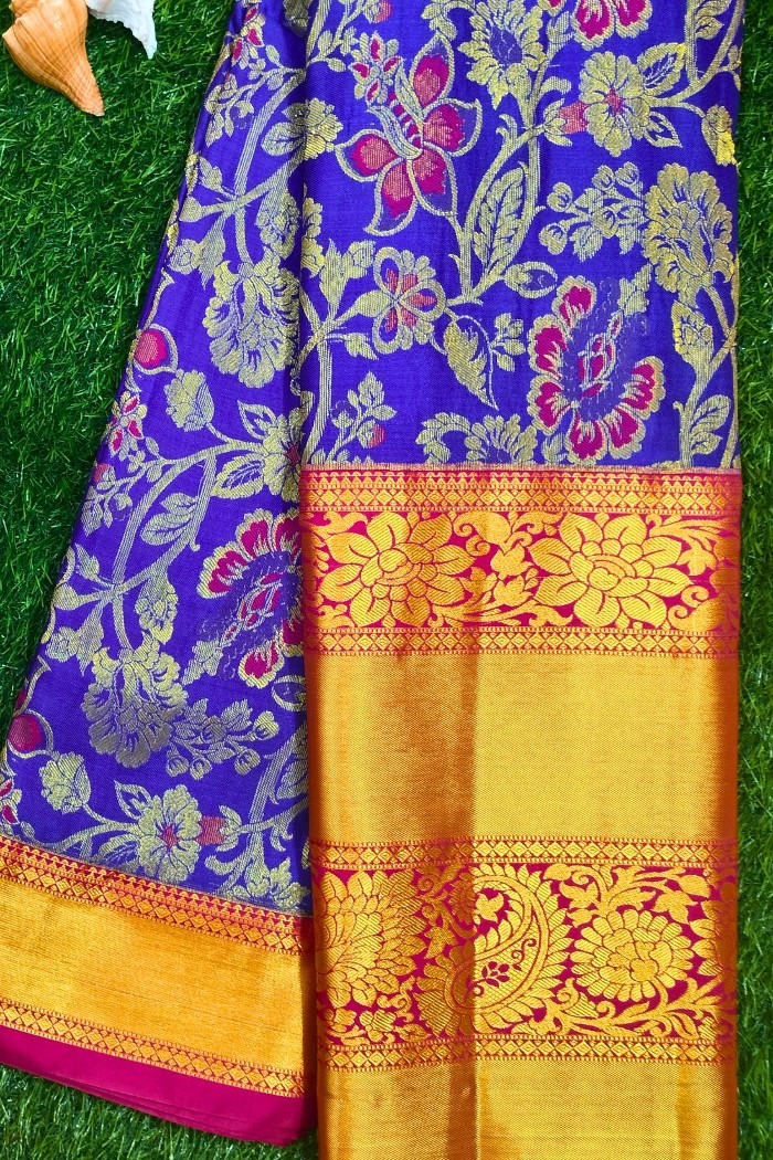 Kanjivaram Bridal Semi Silk Saree-Indigo Blue & Dark Pink