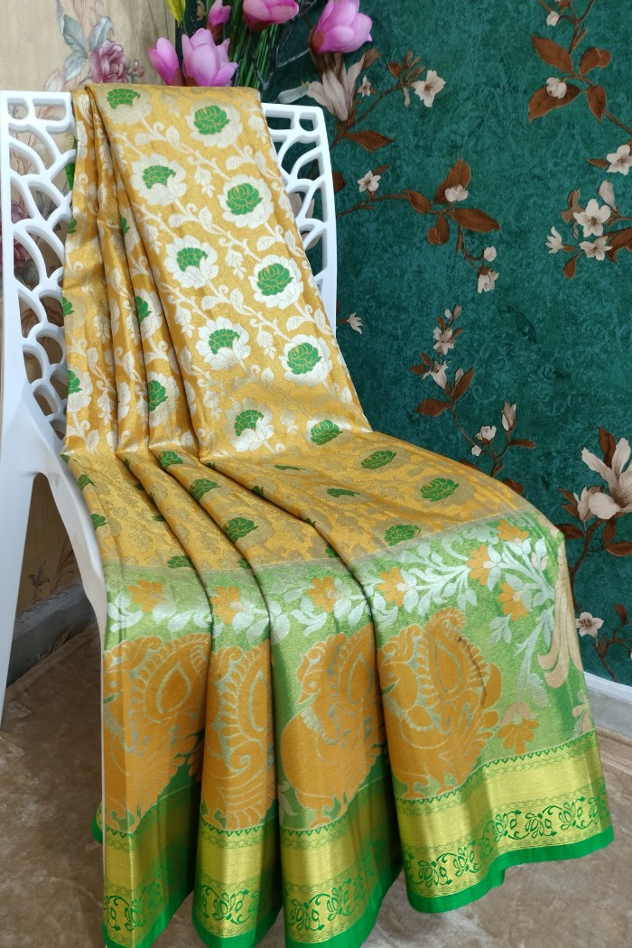 Kanjivaram Bridal Semi Silk Saree-Golden Yellow & Green - 6