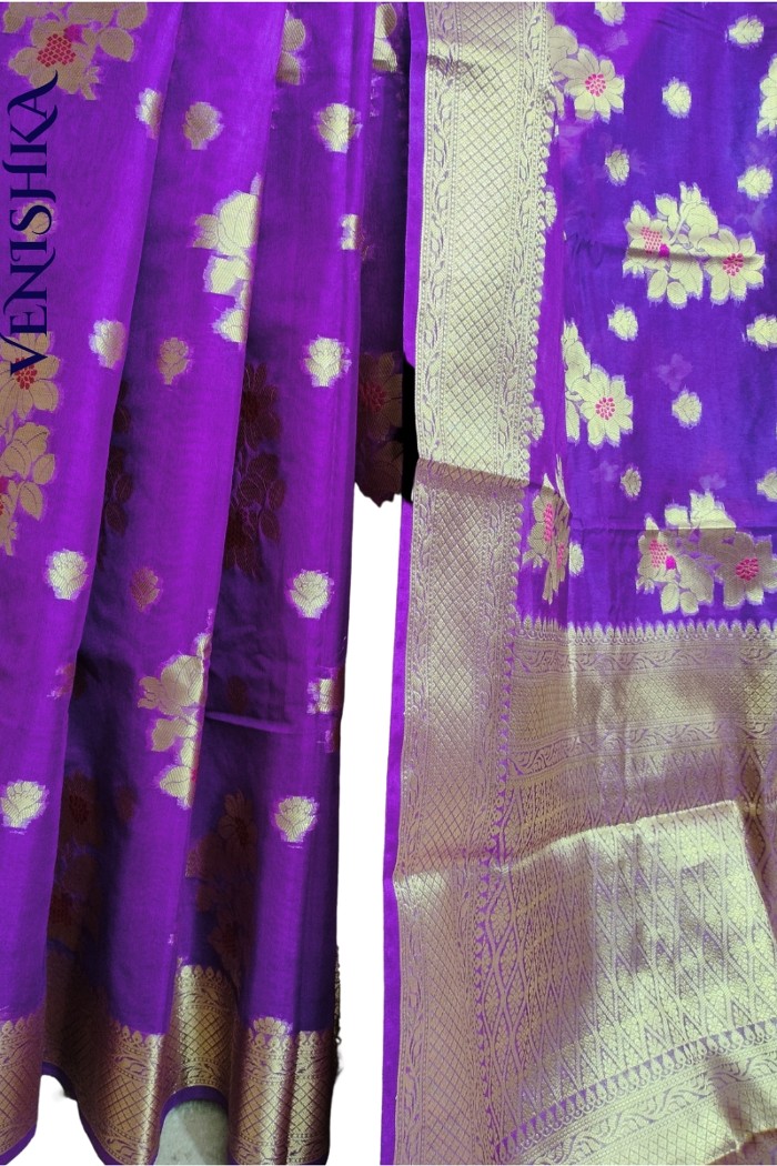 Handloom Semi Georgette Fancy Saree Purple