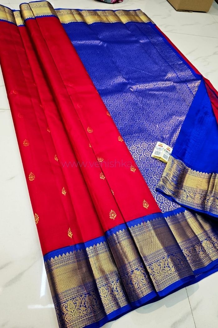 Red Kanjivaram Silk Saree with Blue Pallu and Korvai Border