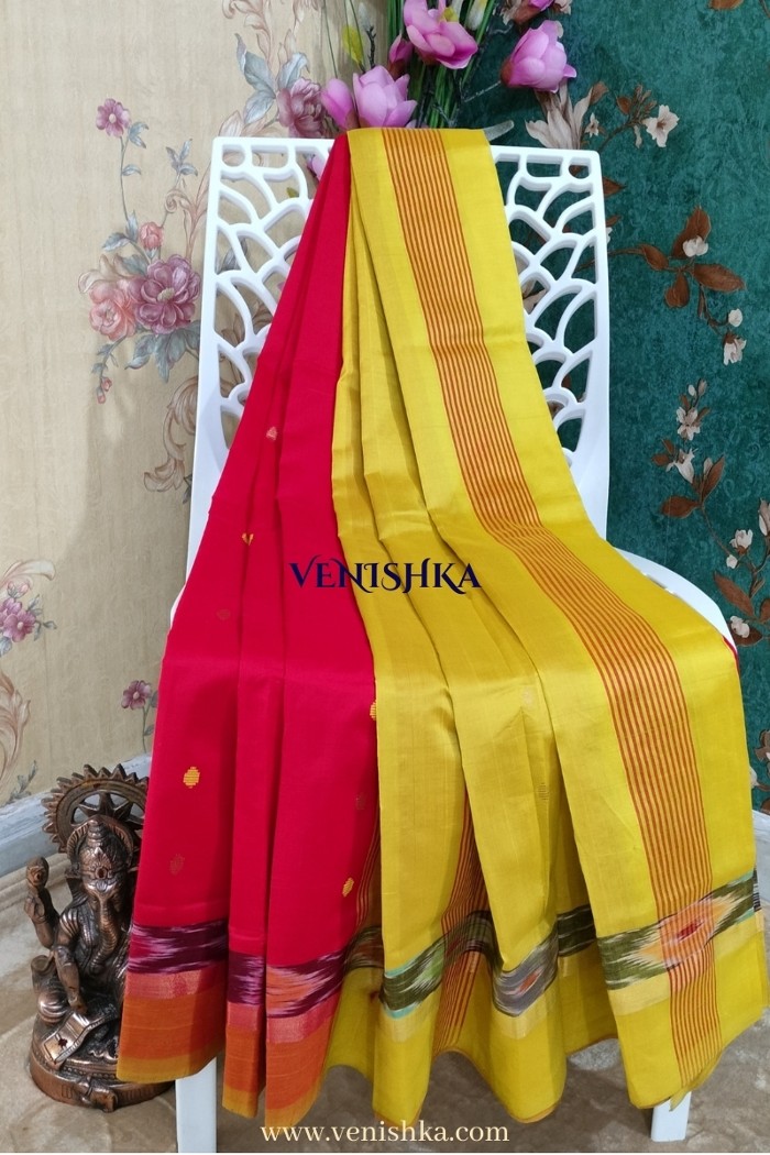 Uppada Silk With Pochampally Border Orange and Yellow Shade