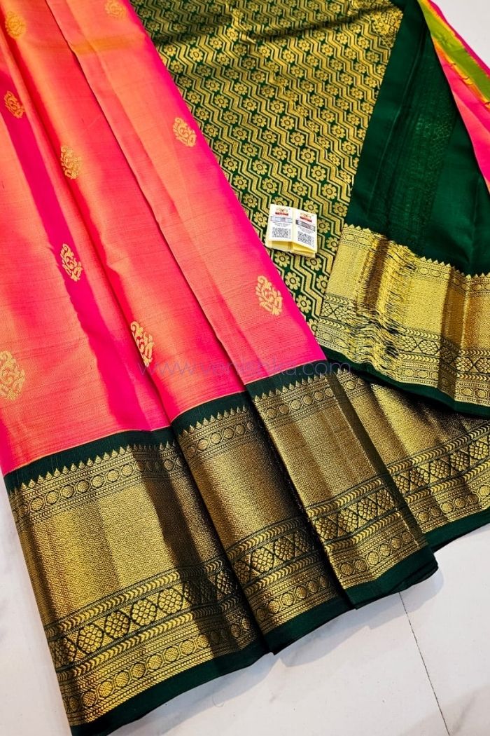 Peach and Pink Kanjivaram Silk Saree with Green Pallu and Korvai Border