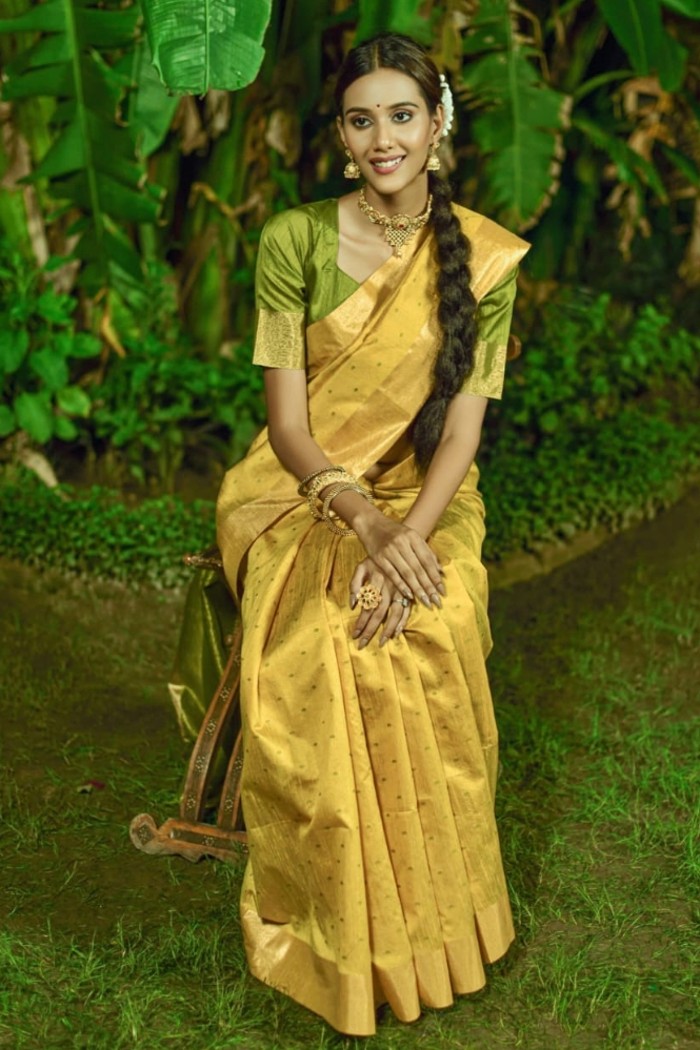 Bhagalpuri Silk Saree Yellow With Green
