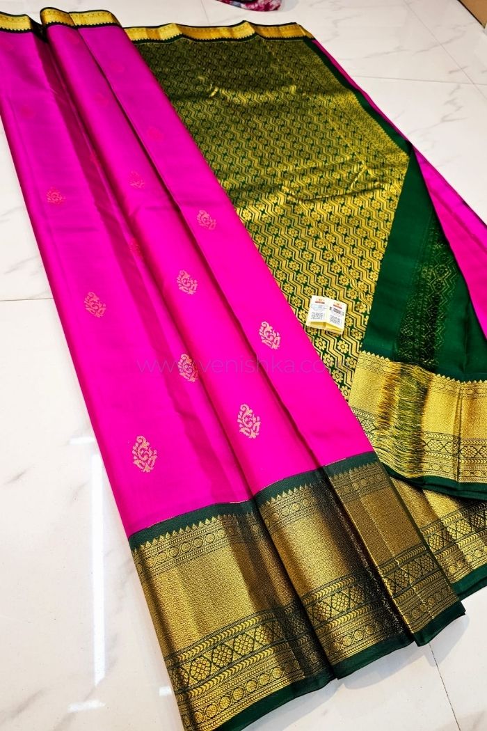 Vibrant Pink Kanjivaram Silk Saree with Green Pallu and Korvai Border