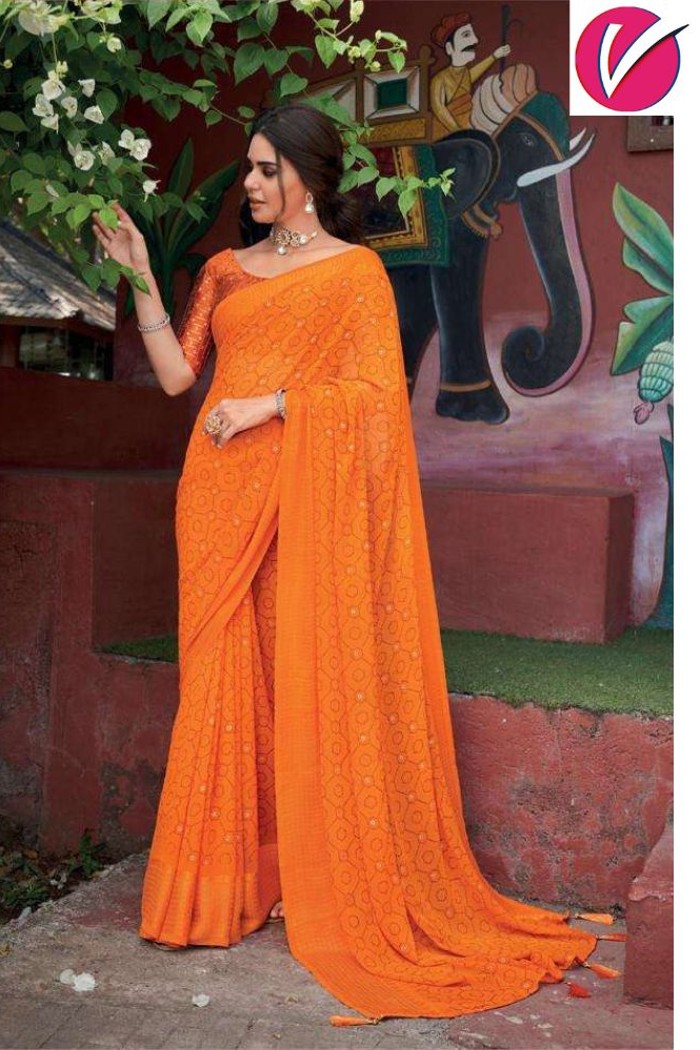 Pure Georgette with Jacquard Border Orange